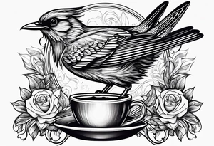 Bird drinking coffee reading books tattoo idea
