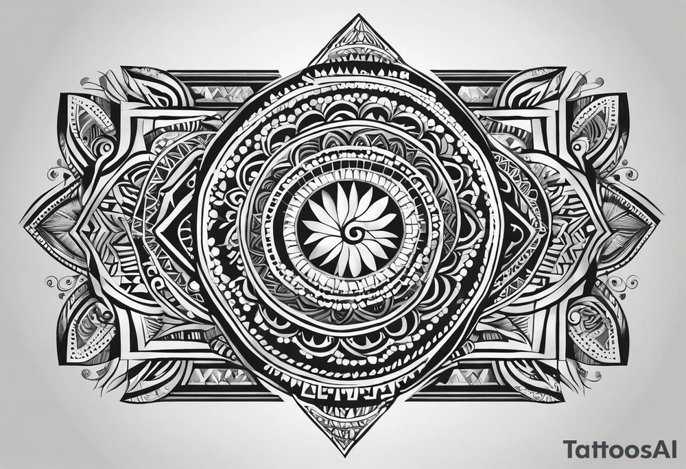 Tatouage ornement noir et blanc. Forme géométrique en longueur avec quelques petit signes aborigène australiens désignant les kangourous et la vie. Puis dessiner un soleil, des vagues. Ainsi que  des feuilles provenant d’Australie et de  Bali. Lignes très fines. tattoo idea