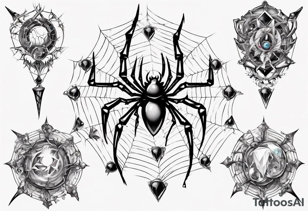 Spider in a spiral spiderweb with jewels and shattered chalices and spiral unicorn horn. tattoo idea