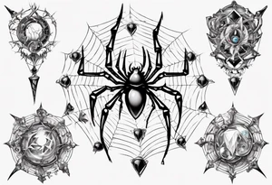 Spider in a spiral spiderweb with jewels and shattered chalices and spiral unicorn horn. tattoo idea