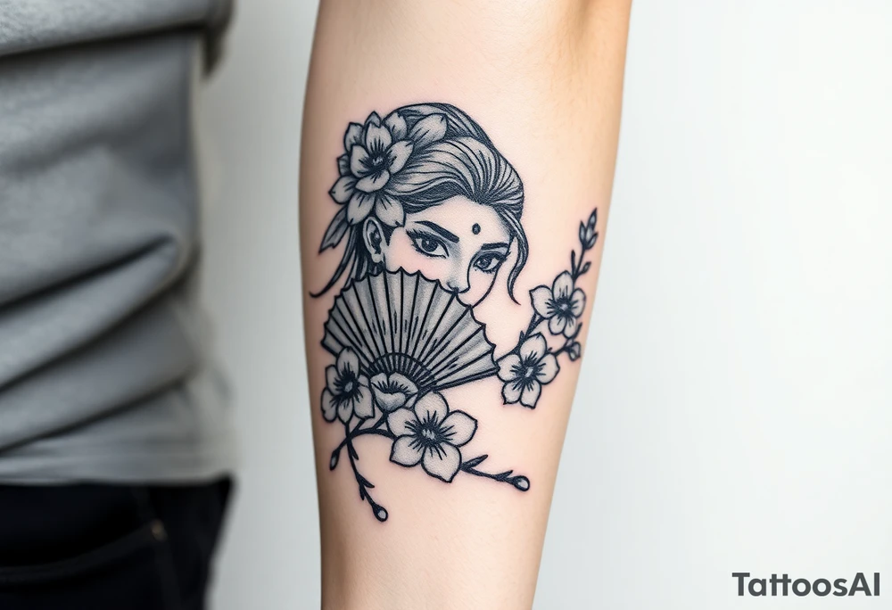 Warrior girl with fan on her face cherry blossoms tattoo idea
