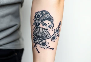 Warrior girl with fan on her face cherry blossoms tattoo idea