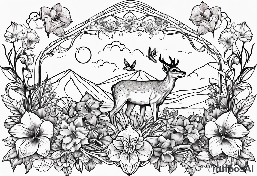 I want a tattoo with a flicker bird, otter, owl, snow goose, cougar, and deer. And then I want the flowers to be pansies, carnations, orchids, roses, water lillies and foxglove/Lily of the valley. tattoo idea