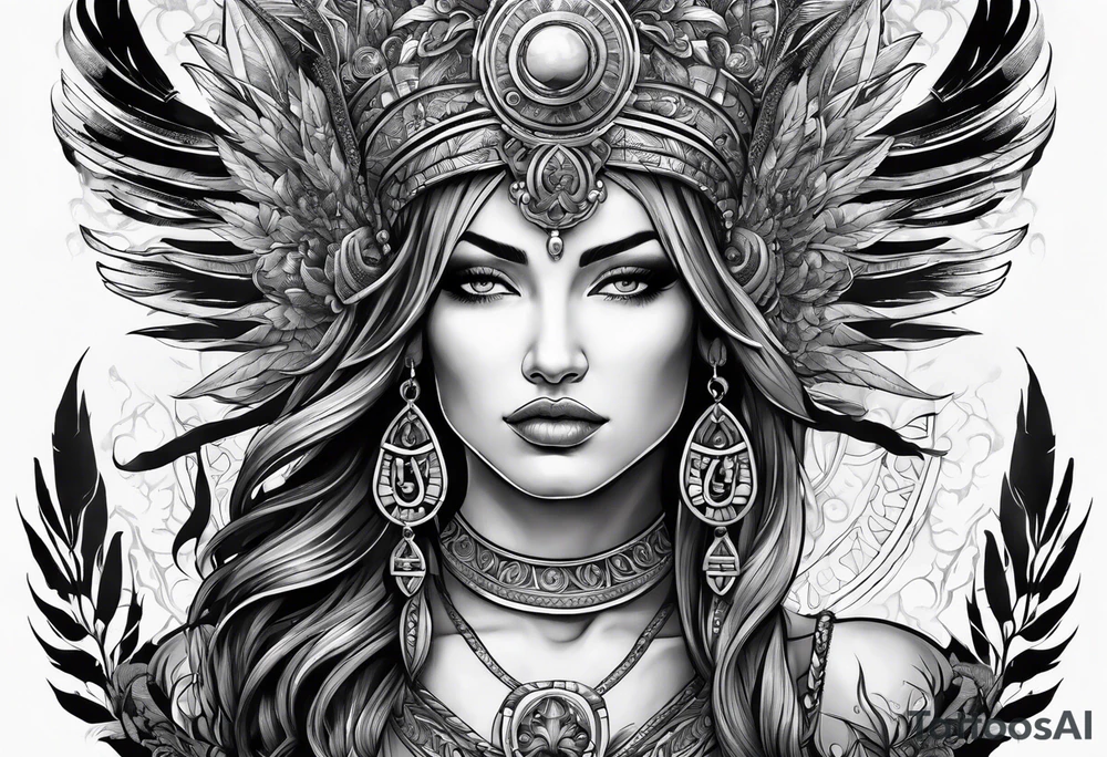 gift of life, woman wearing  greek god headdress tattoo idea