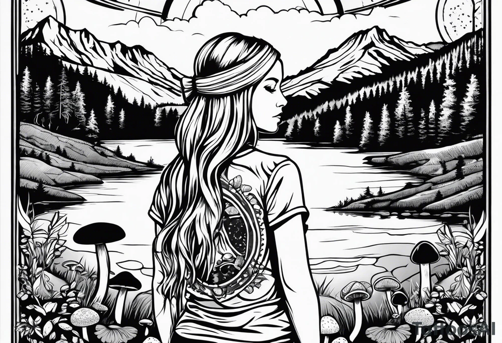 Whole picture encircled fully

Straight long blonde hair hippie girl in distance holding mushrooms in hand facing away toward mountains and creek surrounded by mushrooms long sleeve shirt and hiking pants; whole rendering within a full circle, no cut off circle tattoo idea