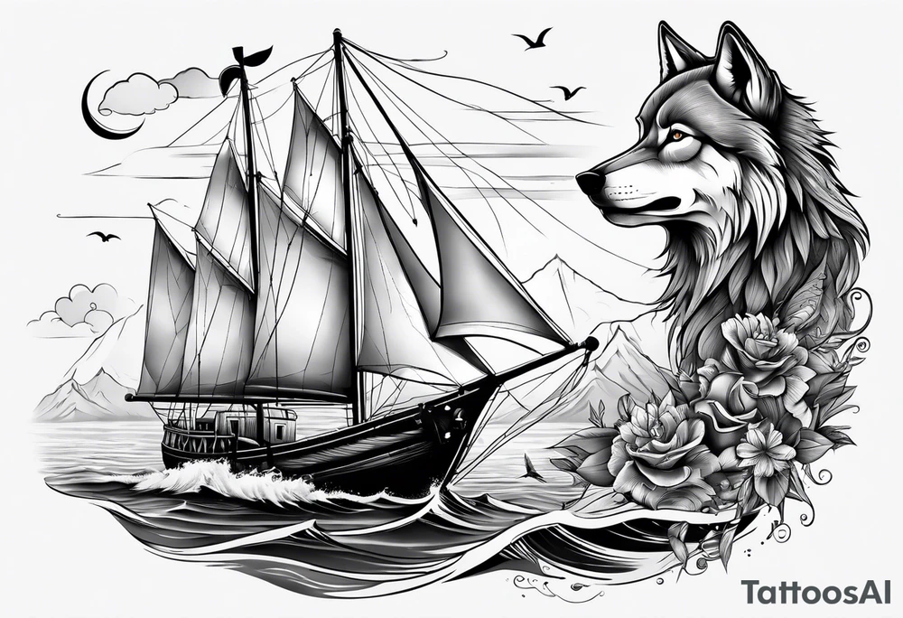 Wolf with sail boat on water and anchor tattoo idea