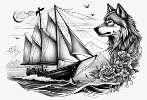 Wolf with sail boat on water and anchor tattoo idea