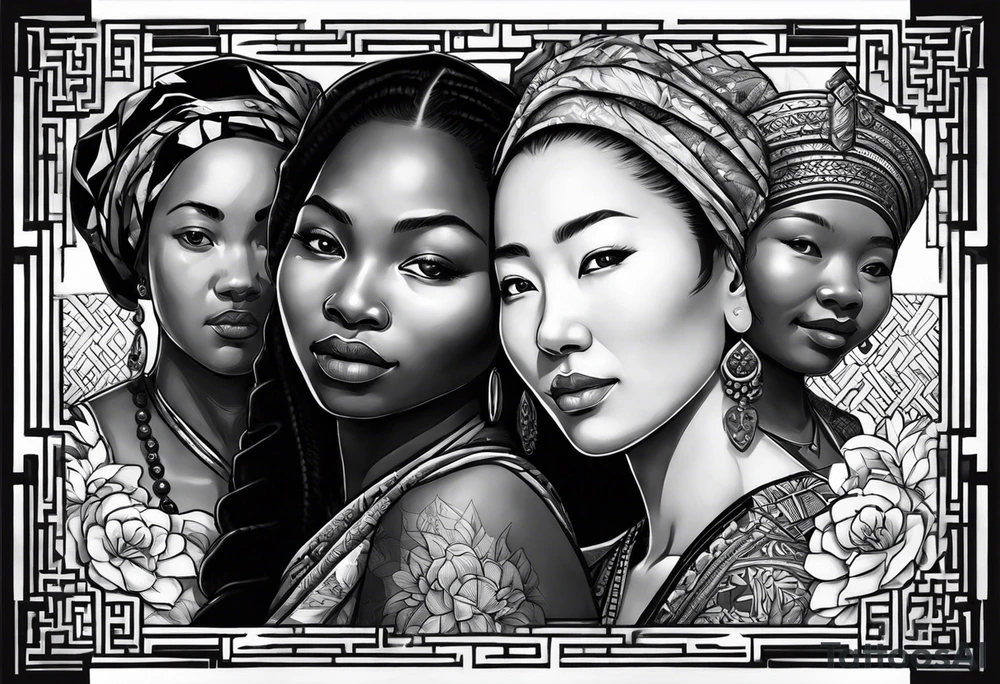 three  people side by side. a really really young african Daughter on the left, a russian mother in the middle, really really old japanes grandmother on the right. greater age difference, in an artfully decorated frame tattoo idea