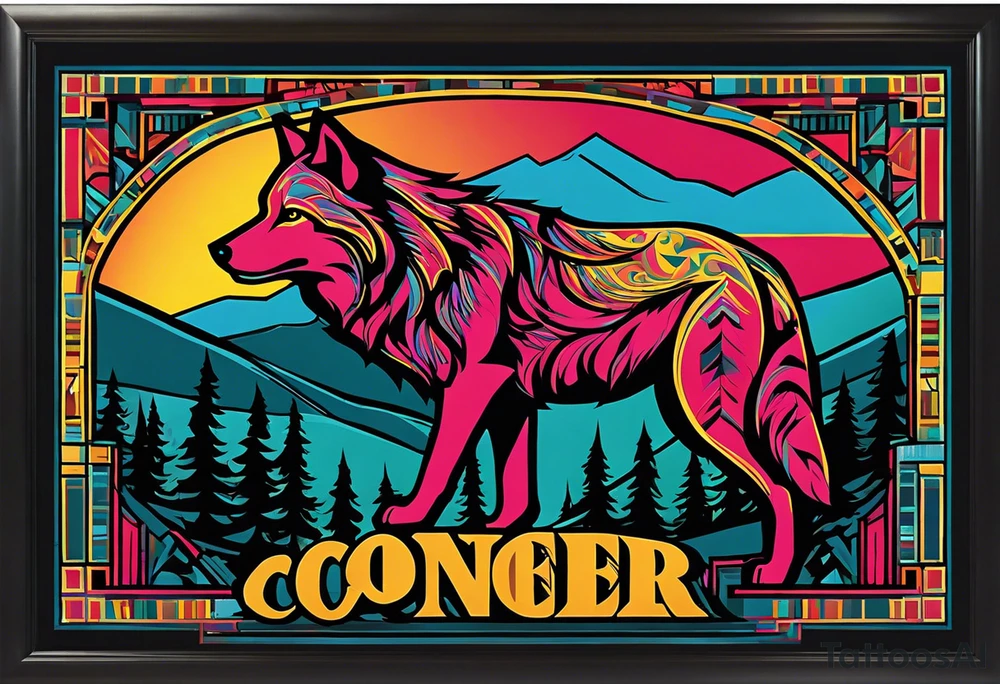 lone wolf traversing a landscape, with sharp lines and vibrant colors symbolizing life's challenges. The wolf's determined gaze reflects resilience and strength, while abstract elements around it represent obstacles overcome. The phrase "Conquer the Journey" in bold, contemporary lettering completes the design, capturing the essence of overcoming life's battles with modern flair. tattoo idea