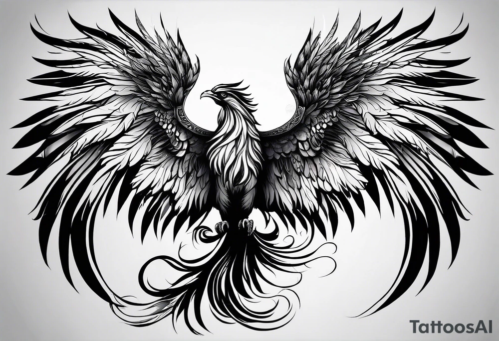 A majestic fire phoenix, rising powerfully with its wings spread wide and feathers flowing, representing rebirth and resilience. The phoenix is detailed with intricate feathers, creating a sense of movement and vitality. The design is bold, with deep shading and texture that adds dimension and intensity to its form. tattoo idea