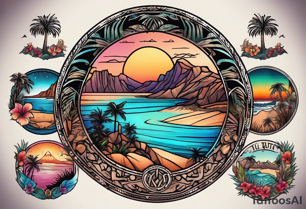 In a circle around the arm, a Gradual transition from Pacific Northwest mountains to Joshua trees to palm trees to a Hawaii beach tattoo idea