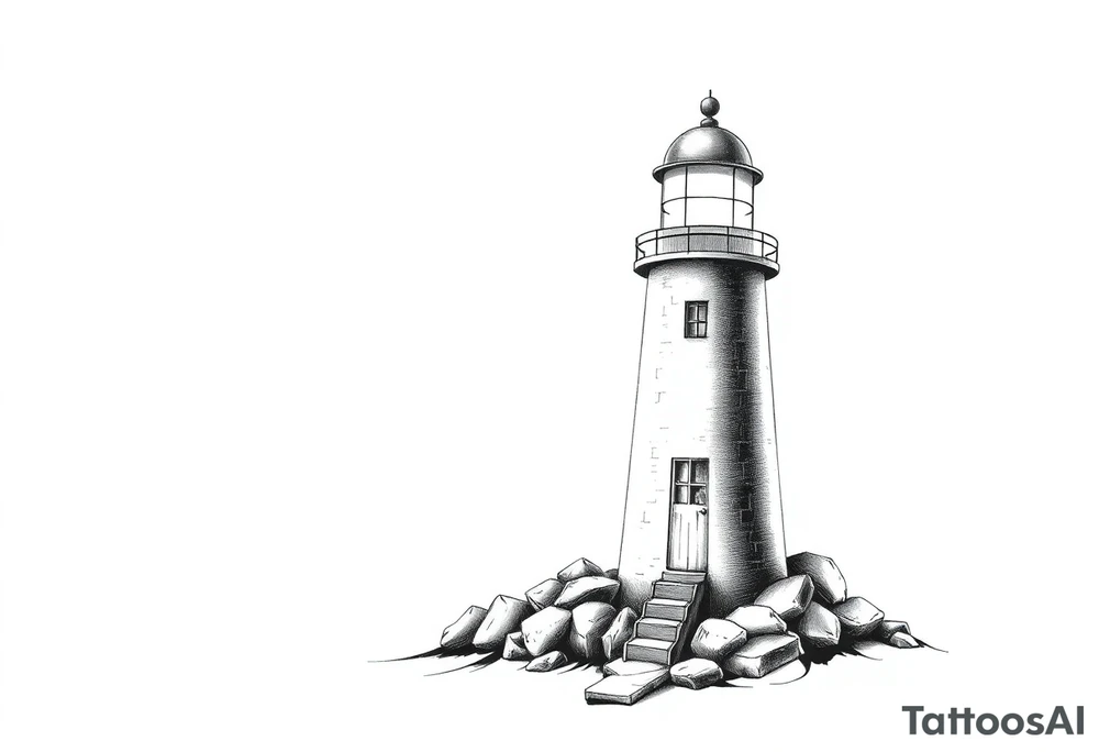 Lighthouse with rays of light with a few windows and an old door tattoo idea
