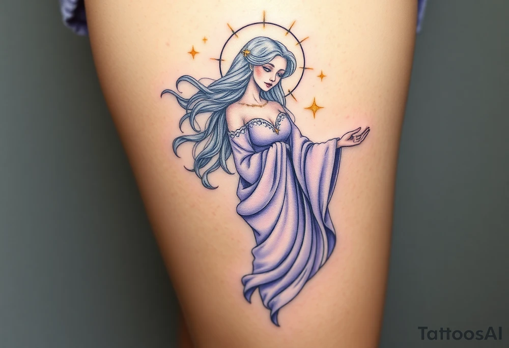 A celestial Virgo goddess with flowing silver hair, dressed in a flowing lavender robe, surrounded by golden stars and virgo astrological sign tattoo idea