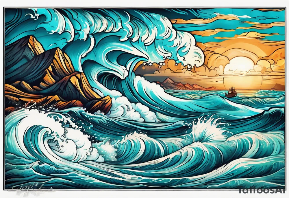 ocean waves with "come what may" written underneath in cursive tattoo idea