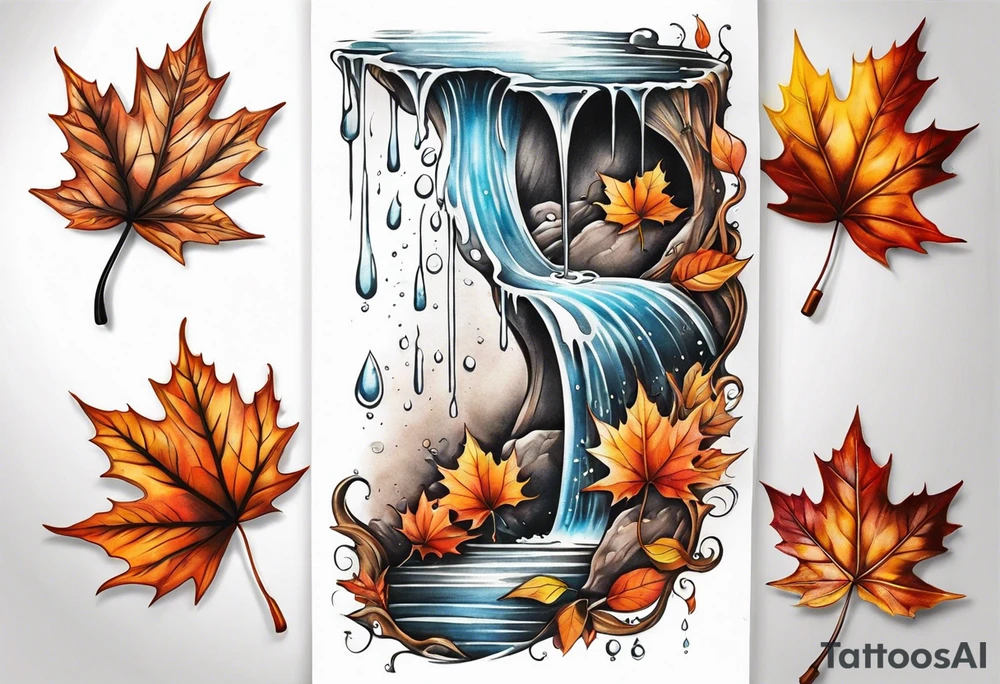 Knee tattoo in fall colors with water flow washes tattoo idea