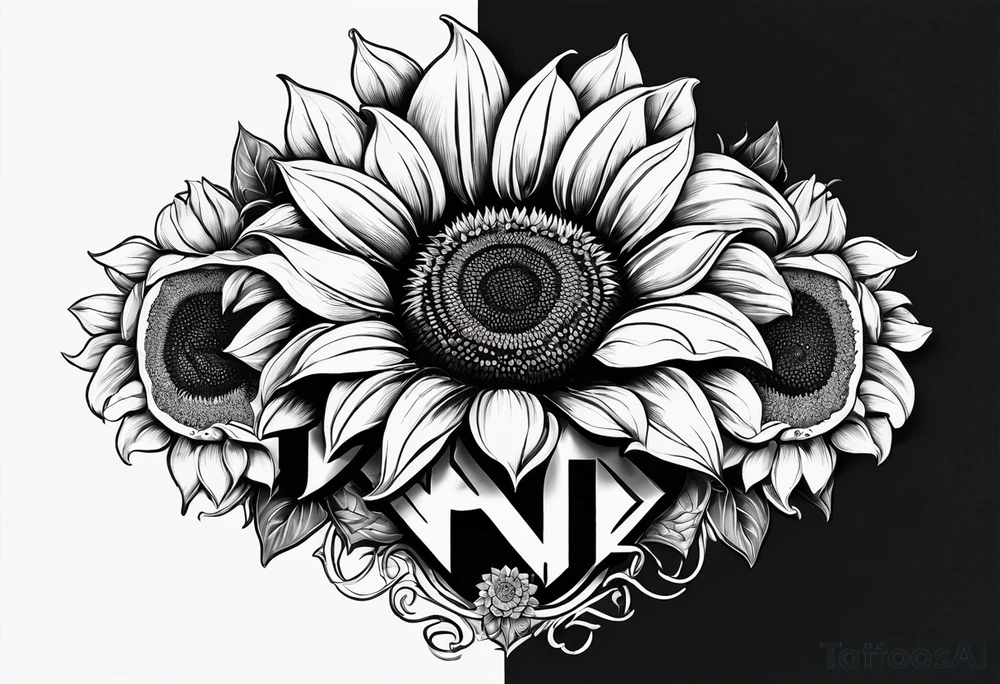 Beautiful symmetrical trail of sunflowers with the word NAJE in the middle tattoo idea