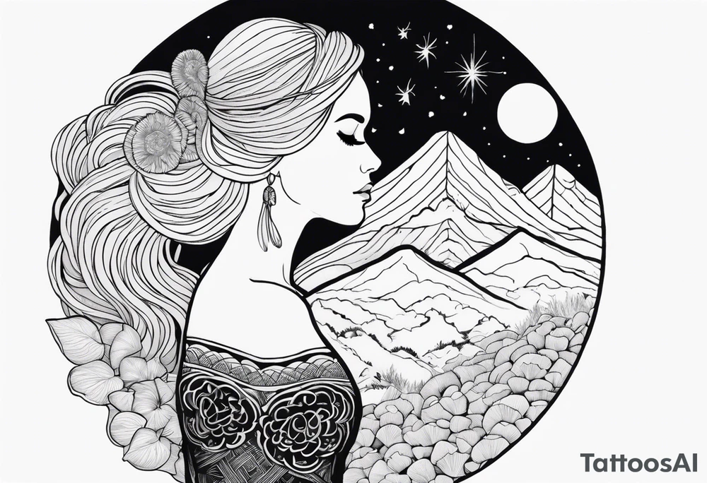 Straight blonde hair girl facing away toward mountains surrounded by mushrooms crescent moon mandala circular design black and white striped dress "8" braided into hair tattoo idea