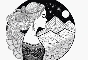 Straight blonde hair girl facing away toward mountains surrounded by mushrooms crescent moon mandala circular design black and white striped dress "8" braided into hair tattoo idea