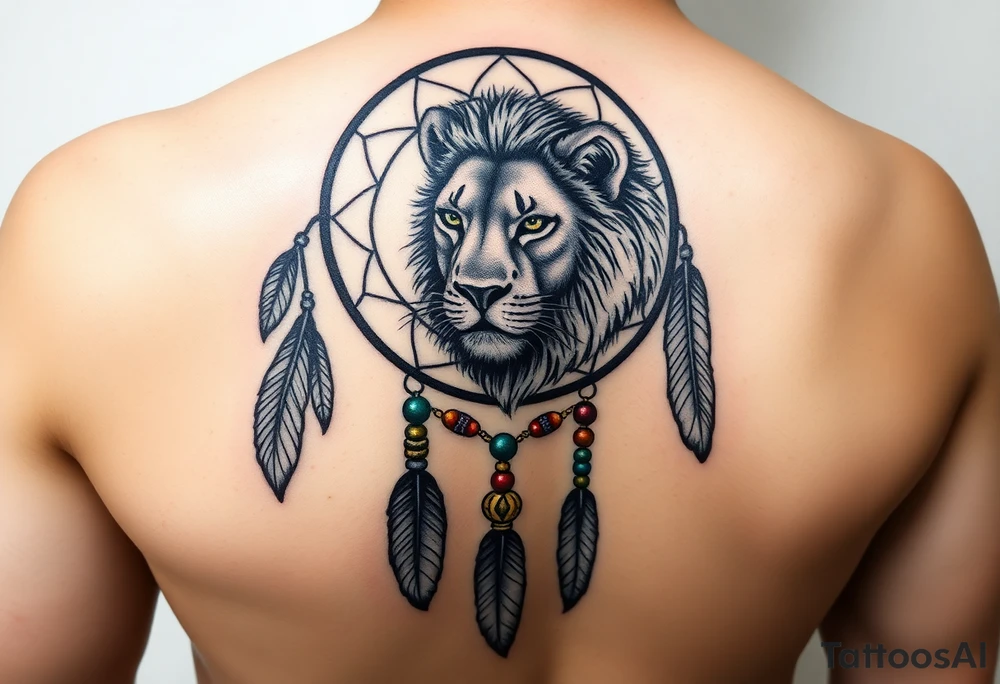Starting with a circular frame of the dreamcatcher could start at the top of your shoulder, with the lioness’s face as the focal point right on the curve of your shoulder. The feathers and rosary beads could cascade down your arm, following its natural lines. The vibrant LGBTQ colors in the beads would add a striking contrast to the earthy tones of the dreamcatcher and the detailed shading of the lioness. tattoo idea