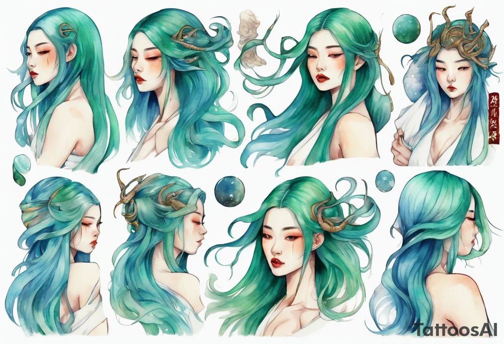 a beautiful woman with long blue-green hair wearing a white robe riding a lindworm tattoo idea