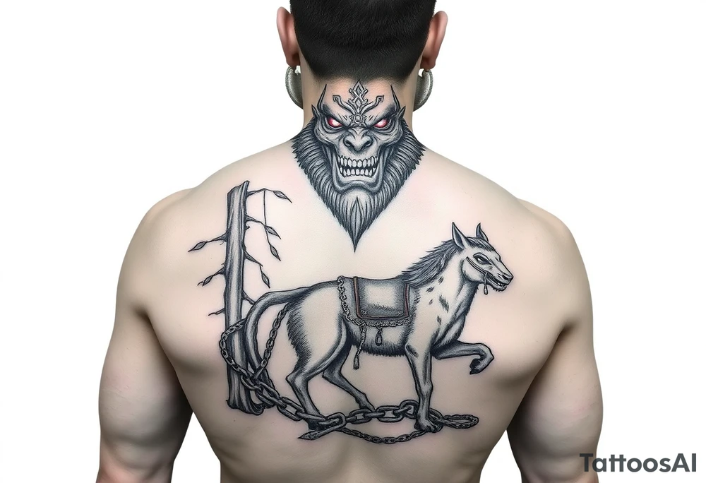 A demonic giant as tall as the trees he coming out of and on the end of the chain he is holding with the most dangerous animal aswell as a strange creature on a saddle held as slaves of the gian whom has firery eyes tattoo idea