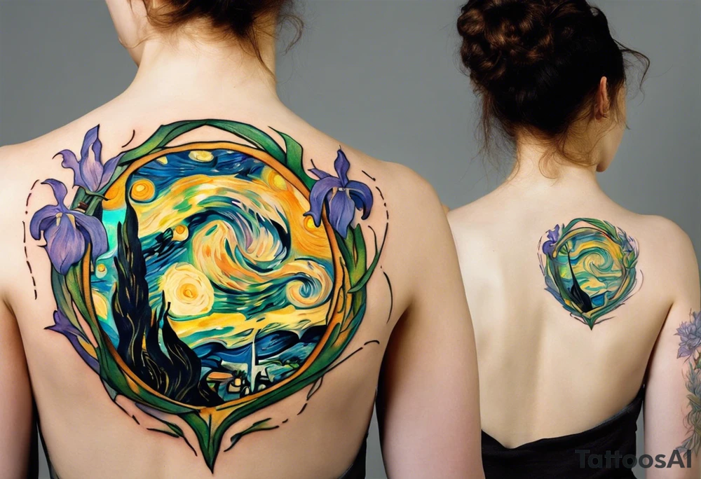 Create a colorful Vincent van Gogh Irises tattoo with Athena's shield and spear. The tattoo should take the form of a crescent, with vines gracefully intertwining at a central point in the middle of the wreath.  The intended placement is on the upper chest. The overall design should be small in size while maintaining a delicate and artistic aesthetic. Pay attention to the graceful flow of the vines and the placement of the irises to achieve a refined and elegant look. tattoo idea