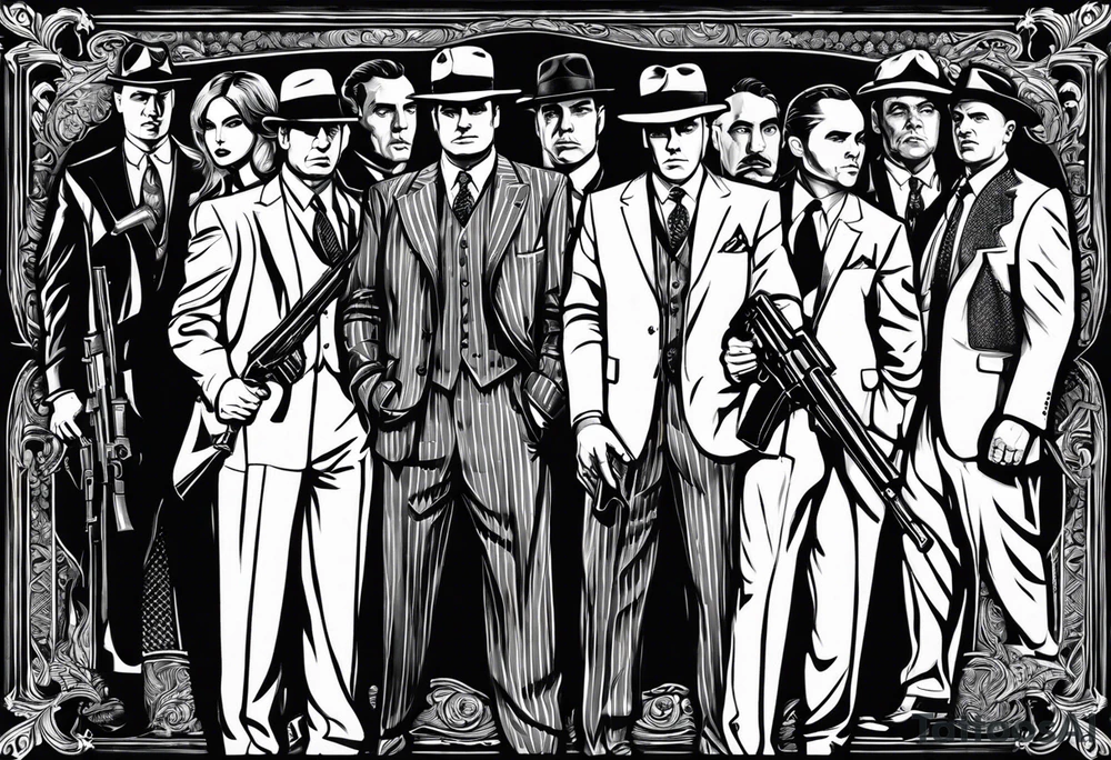 group of gangsters standing together including Al Capone, John Dillinger, Machine Gun Kelley, Bonnie and Clyde along with tommy guns, gatling gun and sawed off shot guns with bullets flying tattoo idea