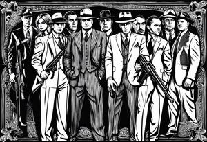group of gangsters standing together including Al Capone, John Dillinger, Machine Gun Kelley, Bonnie and Clyde along with tommy guns, gatling gun and sawed off shot guns with bullets flying tattoo idea