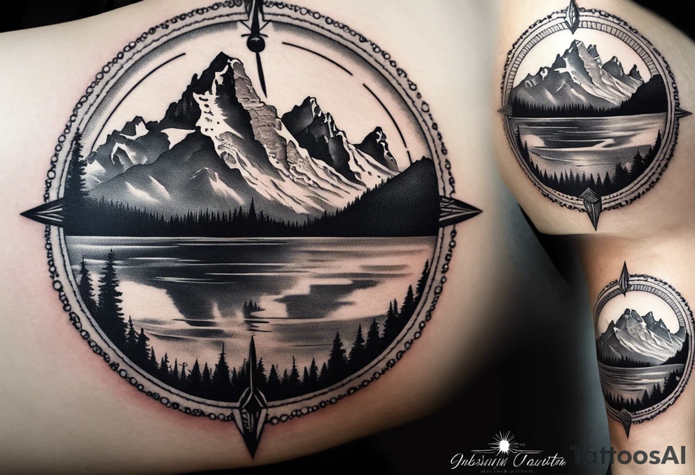 compass  with grand Tetons in the middle tattoo idea