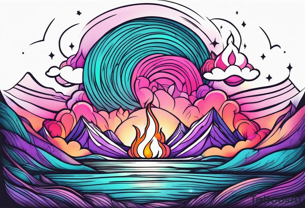 Pink purple teal Bonfire flames turning into northern lights tattoo idea