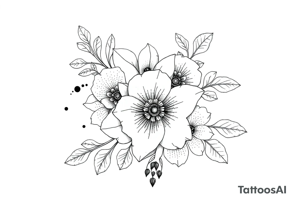 floral composition with japanese vibe, mutiple ornemental patern and leaf tattoo idea