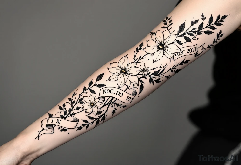 narcissus flowers, daffodils and holly. at the base and top of the sleeve are banners with roman numerals across tattoo idea