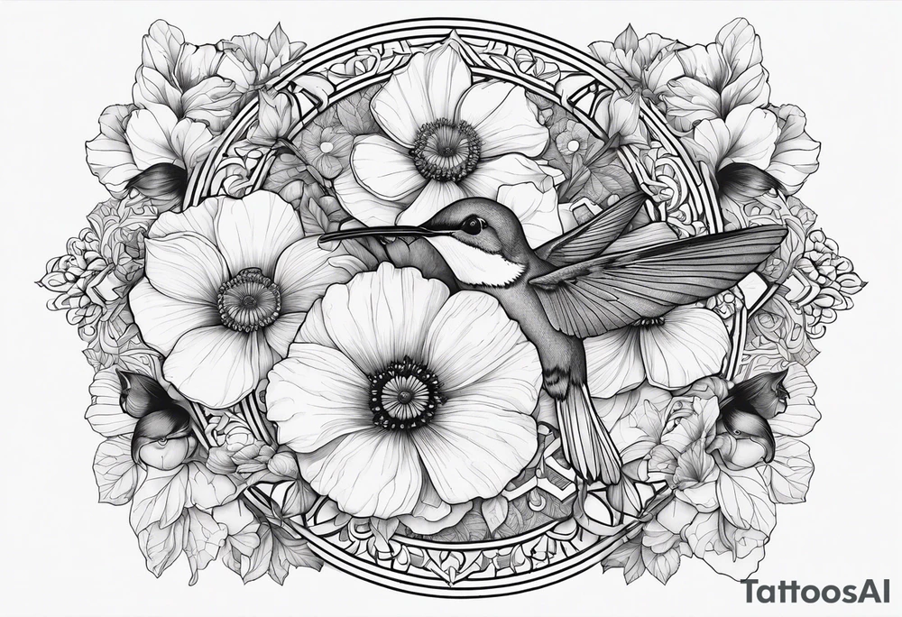 Fine line background black mandala with colorful poppy flowers and honeysuckle flowers and hummingbird tattoo idea