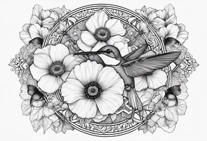 Fine line background black mandala with colorful poppy flowers and honeysuckle flowers and hummingbird tattoo idea