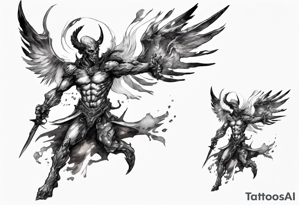 Side view of a demon angel wearing inorganic armor that is in mid-air with his weapon in attack position. tattoo idea
