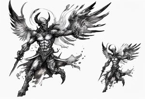 Side view of a demon angel wearing inorganic armor that is in mid-air with his weapon in attack position. tattoo idea