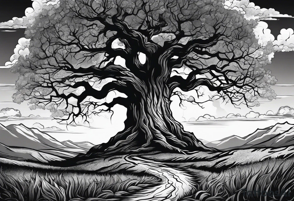 enormous old tree standing in the middle of a field engulfed in flames of fire tattoo idea