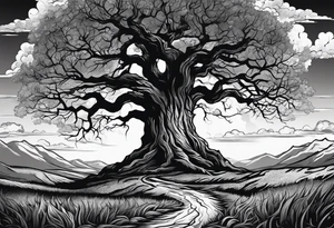 enormous old tree standing in the middle of a field engulfed in flames of fire tattoo idea