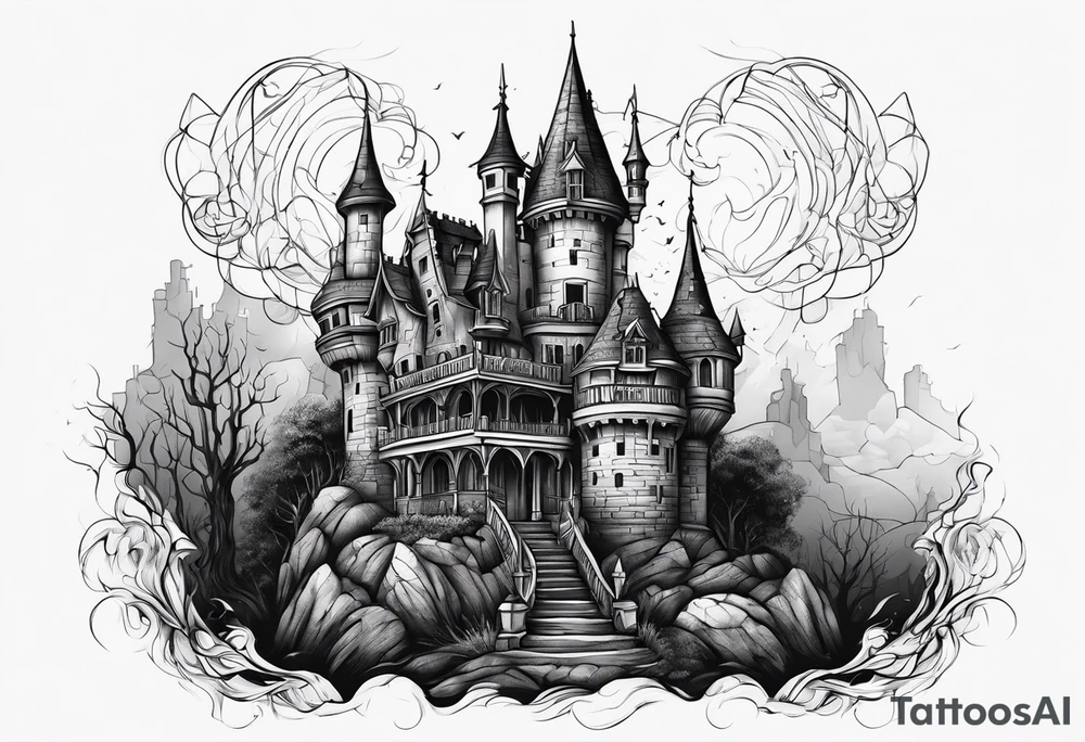 Scary rotting haunted castle tattoo idea
