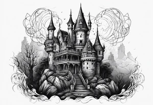 Scary rotting haunted castle tattoo idea