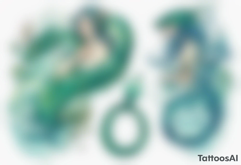 a blue-green Naiad next to a sea serpent tattoo idea