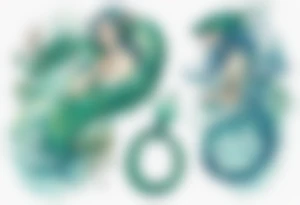 a blue-green Naiad next to a sea serpent tattoo idea