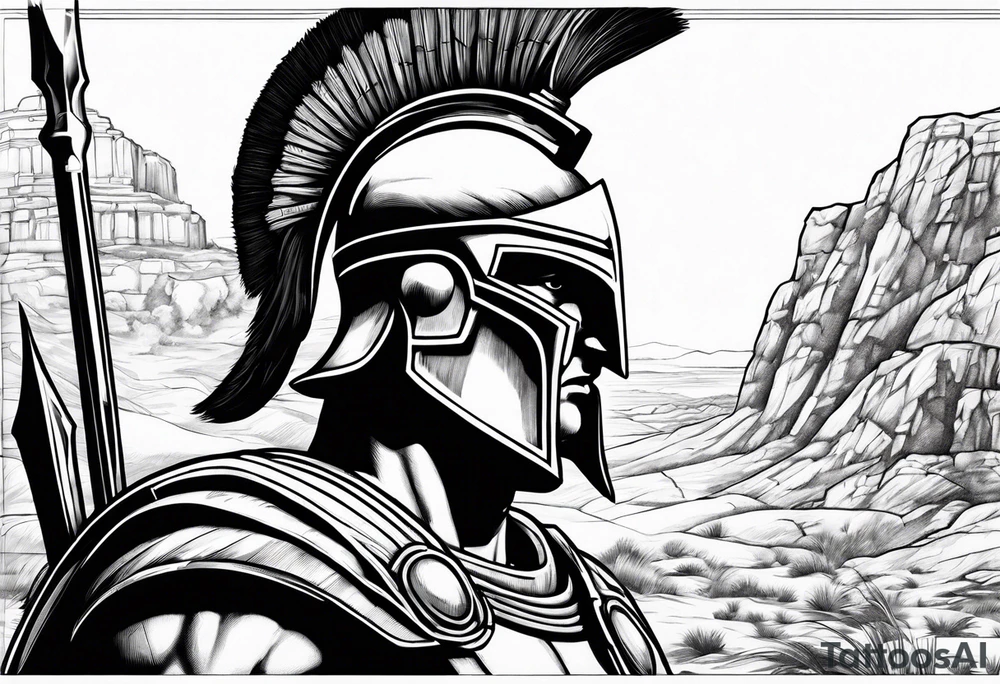 close of of spartan solider looking at distant pillars tattoo idea