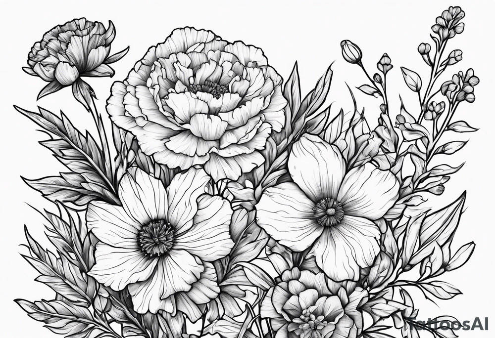 Carnations, aster, daffodil, poppy, hawthorn, larkspur tattoo idea