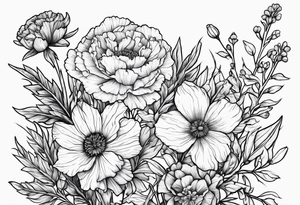 Carnations, aster, daffodil, poppy, hawthorn, larkspur tattoo idea