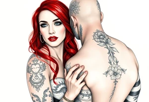 Woman with long red hair and red lipstick with lots of tattoos with  a bald muscular white man with tattoos getting married tattoo idea
