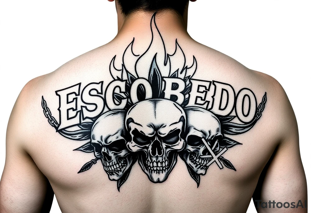 ‘Escobedo’ bold across upper back, untouched. Black flame outlines rise behind. Chains flow through flames. Cracked, snarling, and screaming skulls with Aztec details. Sharp, clean, stencil-only linework. tattoo idea