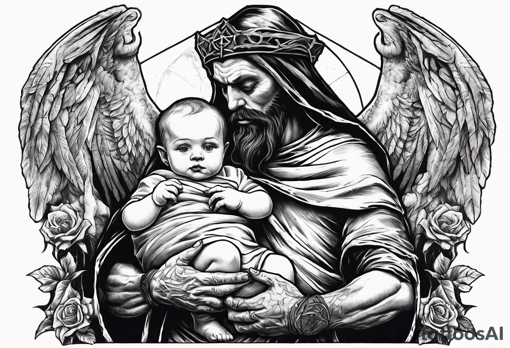 Satan holds a dead mummified baby in his arms, against the background of a grave with a pentagram tattoo idea