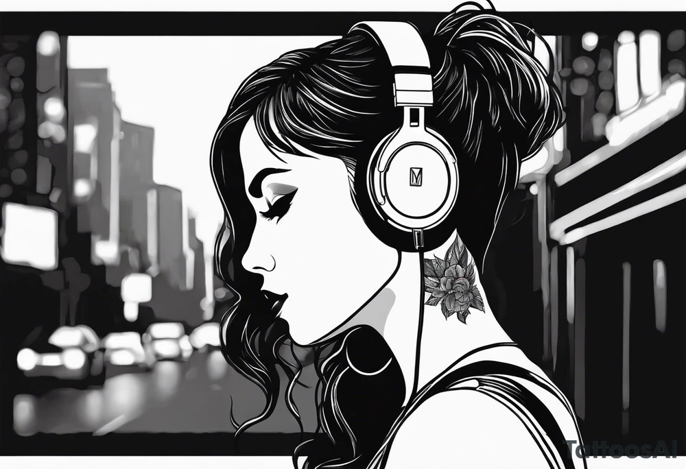 a girl listening to music with over the ear headphones along a dark road at night showing her shadow tattoo idea