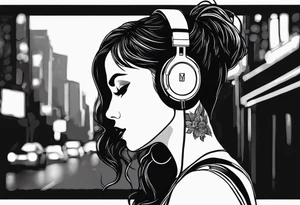 a girl listening to music with over the ear headphones along a dark road at night showing her shadow tattoo idea